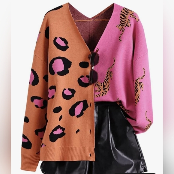 Sweaters - Leopard Print Women's Button Up Sweater